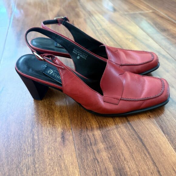 Vtg Etienne Aigner Leather Square Toe Red Loafer Sling Back Heels Sz 6.5 - Picture 11 of 15